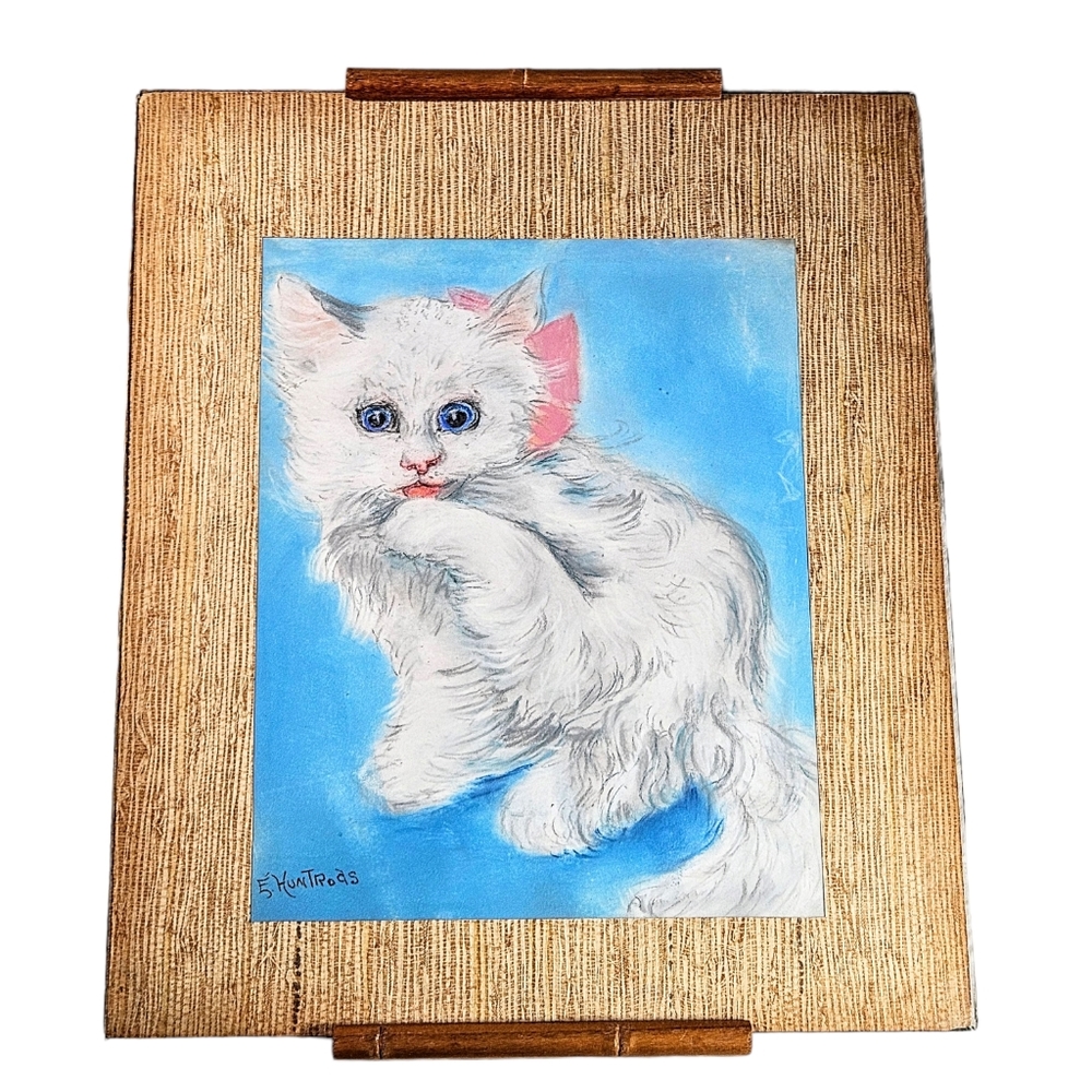 Vintage Signed Pencil Drawing Cat Glass Asian Tray Bamboo Handles 14x12 OOAK